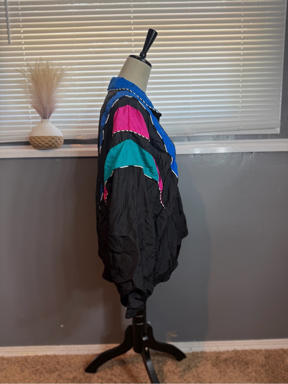 Black Bomber Jacket with Blue, Teal & Pink Panels - Picture 6 of 8